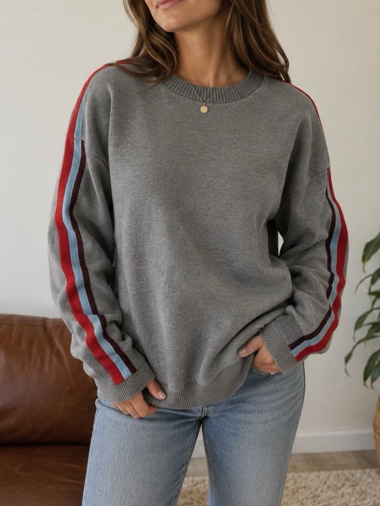 Eddie Bauer Sweaters - Eddie Bauer Gray Crewneck Sweater with Red & Blue Sleeve Stripes